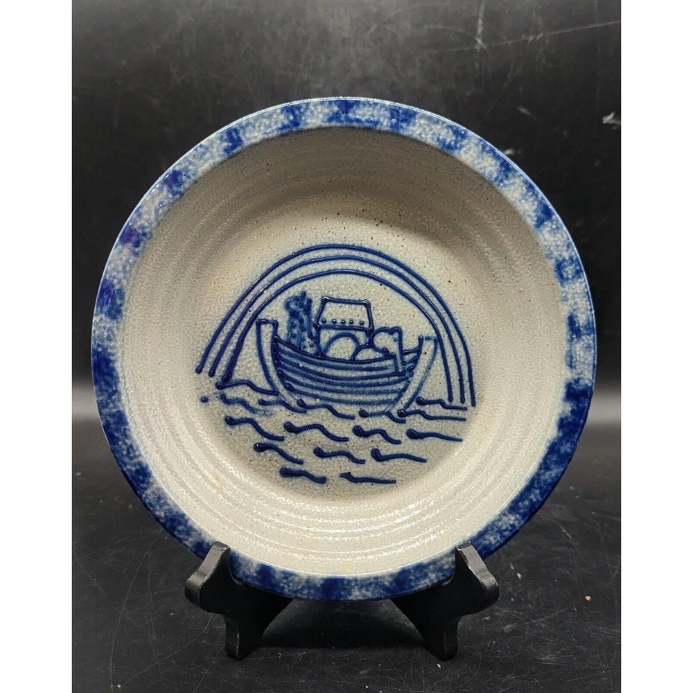 Vintage Eldreth Pottery Salt Glazed Christmas Pie Plate 1992 Noah's Ark 8.25"